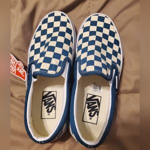 Vans Classic Slip On Checkerboard Blue Coral White Women Size 5 Men 3.5 NEW!